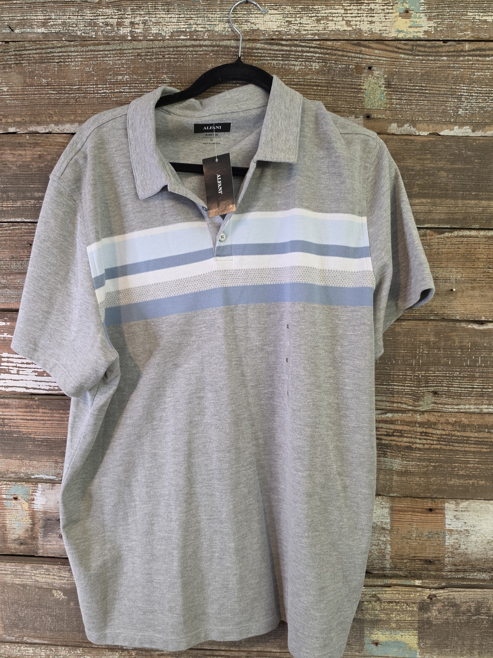 Alfani Men’s Gray Blue Striped Short Sleeve Polo Shirt XL NWT